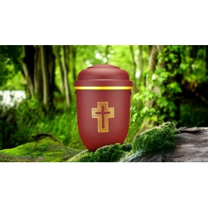 Biodegradable Cremation Ashes Funeral Urn / Casket - RED BEACON with GOLD BLESSED CROSS